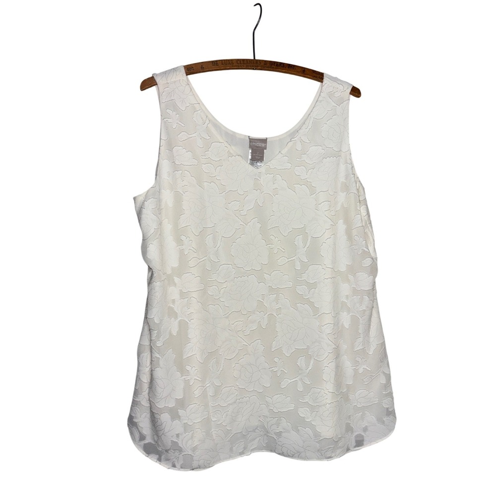 Chicos White Size 2/L Floral Burnout Jacquard V-Neck Tank Top Shell caeer office
